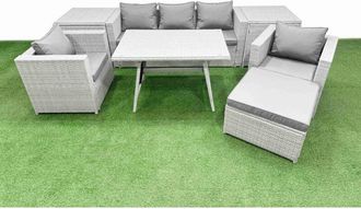 Fimous 8 Pieces Outdoor pe Rattan Sofa Armchair Set Patio Garden Furniture Sets with Cushions 2 Side Tables Big Stool Light Grey - Fimous