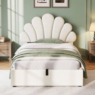 Merax 3ft Single Upholstered Bed with Petal Headboard, Velvet Bed Frame in Beige
