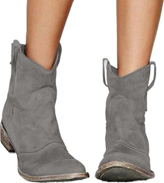 Generic Suede Ankle Boots for Women, Comfortable Western Cowboy Round Toe Mid Heel Slip on Back Zipper Warm Fall Winter Ankle Boots (Gray,9.5/10)