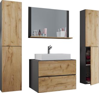 ebuy24 Vcm 5pcs Lavabo Lavabo Gabinete Inferior Ancho 60 Cm Muebles De Ba&ntilde;o Conjunto Con Cajones Puertas Giratorias Espejo Lendas Xl Caj&oacute;n (antracita / Roble