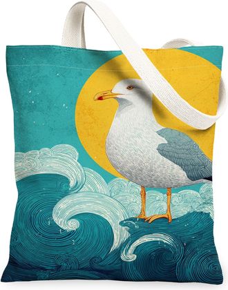 Generic Coastal Gull Canvas Tote Bags, Ocean Waves Design Reusable Grocery Bags, Summer Retro Lightweight Washable Shoulder Strap, Blue, 13x15 Inch