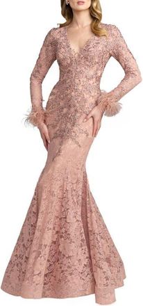 Mac Duggal Long Sleeve Feather Embellished Mermaid Gown in Rose at Nordstrom, Size 16