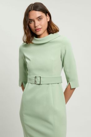 Karen Millen Womens Petite Tailored Roll Neck Pencil Midi Dress - Green Cotton - Size 16 UK