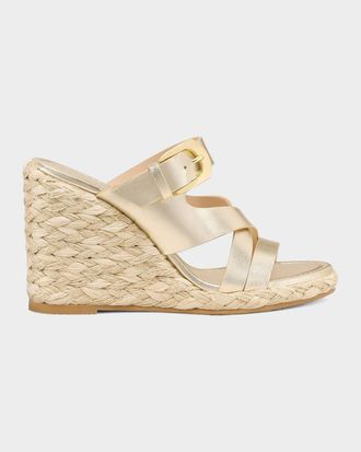 Stuart Weitzman 105mm Sai Metallic Leather Espadrille Wedges