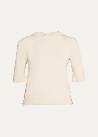 Oscar De La Renta Short-Sleeve Button-Side Crewneck Sweater