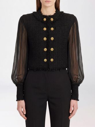 Balmain Cropped Tweed Spencer Jacket with Puff Sleeves and Frayed Details