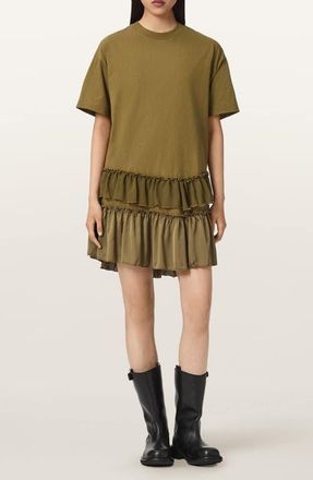 AllSaints Feyre Ruffle Tiered Cotton T-Shirt Minidress in Khaki Green at Nordstrom, Size X-Small