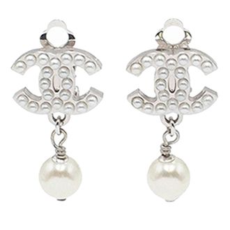 Chanel CC Silver Plated Faux Pearl Drop Clip On Earrings