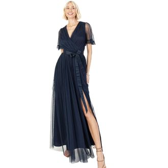 Anaya with Love Ladies Maxi Dress for Women V Neckline Short Sleeve Frilly Long Empire Waist for Wedding Guest Bridesmaid Maid of Honour Navy Blue Size 20