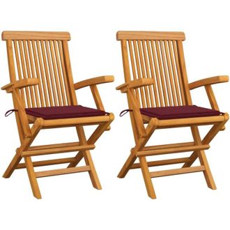 vidaXL Sillas De Jard&iacute;n 2 Uds Madera Teca Con Cojines Rojo Tinto Vidaxl