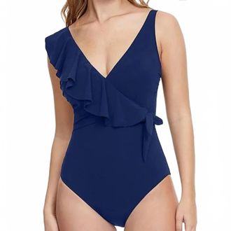 Gottex Ruffle Front One Piece Swimsuit In Navy Blue