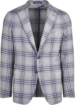 Tagliatore Rounded Blazer In Grey With Blue Checkered Pattern