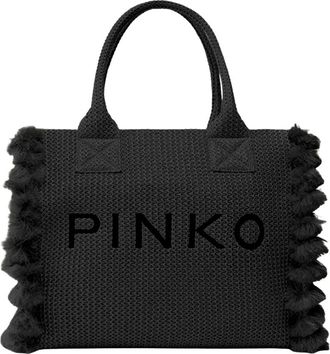 Pinko Handbags, female, Black, Size: ONE SIZE Raffia Shopping Bag with Logo