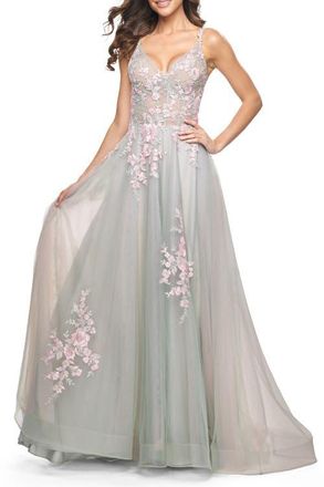 La Femme A-Line Tulle Prom Dress with Scattered Lace Applique in Sage at Nordstrom, Size 14