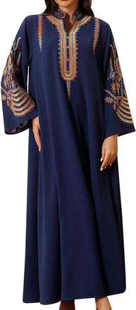 Generic Muslim Dress for Women Modern Turkish Style Embroidered Pullover Maxi Dress Modest Islamic Robe Caftan Loose Fit Dubai Outfits Blue