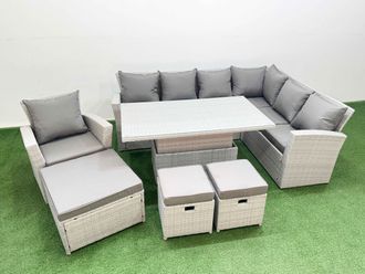 Fimous 10 Seat Rattan Garden Furniture Corner Sofa Set with 3 Footstools in Light Grey