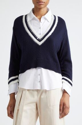 Cinq &agrave; Sept Santina Sequin Detail Layered Sweater in Navy/white at Nordstrom Rack, Size Medium
