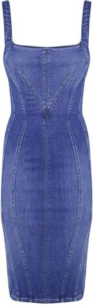 Elisabetta Franchi Denim Jurk met Vierkante Hals - Dames - Casual kleedjes - Blauw - S - Denim - Kleedjes