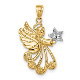 Diamond2Deal 14k Yellow Gold and White Rhodium Diamond-cut Angel with a Star Charm Pendant