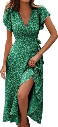 Generic Womens Summer Wrap Maxi Dress V Neck Short Sleeve Flower Print Flowy Dresses Ladies Ruffle High Waist Boho Evening Dress Chic and Elegant Beach Holida