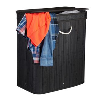 Relaxdays 3 Cestos Ropa Sucia Rectangulares Con 2 Compartimentos, Cubos Colada, Canastas Con Tapa, Bamb&uacute;, 95 L, Color Negro