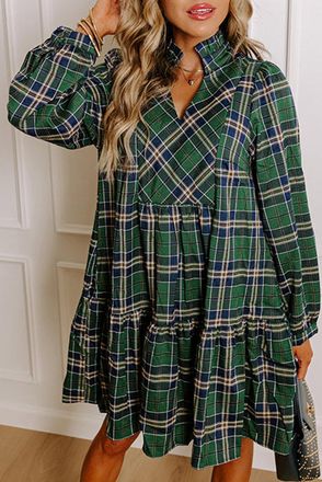 Azura Exchange Womens Plaid Tiered Dress Long Sleeve - Dark Green - Size Small