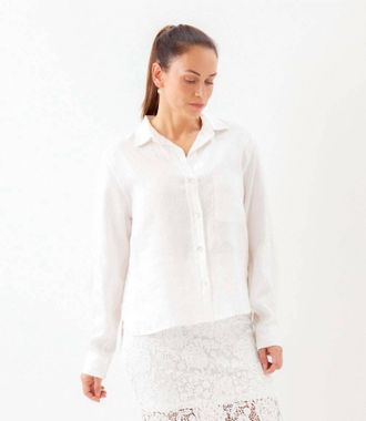 Karen Kane Long Sleeve Linen Button-Up Shirt In Off White