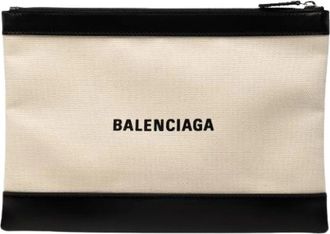 Balenciaga Pre-owned Navy Clip Clutch - Dames - Vintage Clutch - Beige - ONE Size - Leer - Vintage