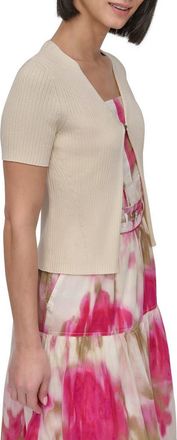 DKNY Hook & Eye Short Sleeve Rib Cardigan in Coconut at Nordstrom, Size Large
