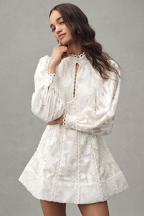 BHLDN Long-Sleeve High-Neck Floral A-Line Mini Dress