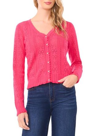 CeCe by Cynthia Steffe Pointelle Stitch Bow Cotton Cardigan in Azalea Pop at Nordstrom, Size Medium