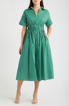 En Saison Stripe Drawcord Waist Shirtdress in Green Stripe at Nordstrom, Size X-Large