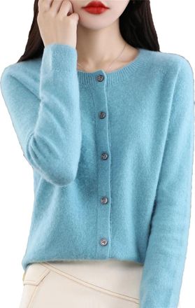 Generic Womens O-Neck Cardigan Wool Sweater Soft Knitwear Coat Long Sleeve Button Sweaters for Women Lake Blue XL