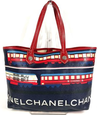 Chanel Navy Red Color Leather Pvc Shoulder Bag Tote Bag (Pre-Owned)