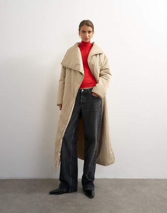 Topshop piumino oversize con collo a imbuto e taglio lungo beige-Neutro