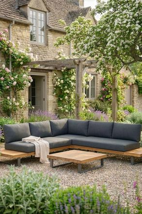 Dibor Wooden Corner Garden Sofa Set Furniture with Cushions & Coffee Table in Grey