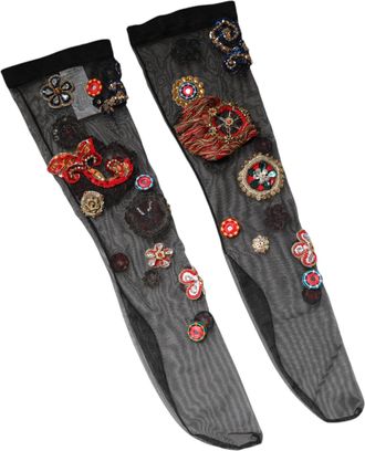 Dolce & Gabbana Womens Black Stretch Carretto Crystal Stockings Socks Nylon Clothing