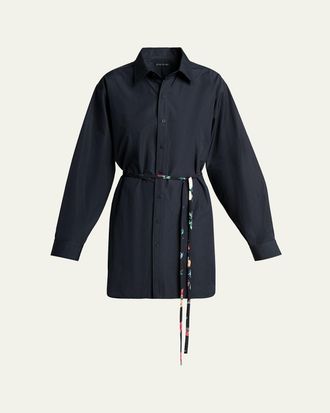 Balenciaga Cotton Poplin Mini Shirtdress with Floral Sash