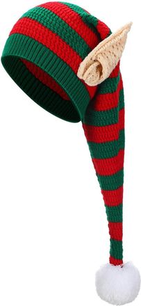 Generic Long Knitted Santa Hat with Ears for Adults Festive Christmas Style Headwear Warm Winter Crochet Cap (Green, One Size)