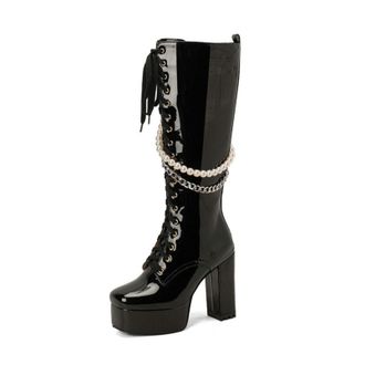 Generic Womens Patent Leather Lace-Up Front Biker Boots with Platform Chunky Heel & Pearls Chain Accents,Punk Gothic Style,Black,1.5 UK