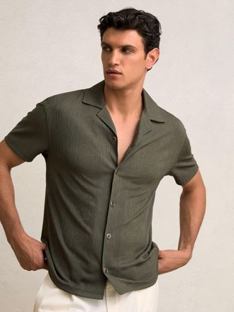 Reiss Dark Green Jacquard-stripe Cuban-collar Shirt, L