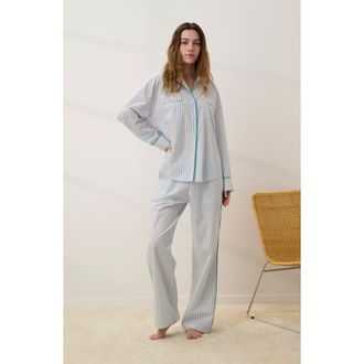 Lunya Piped Airy Cotton Wide Leg Pants in Stillwater Stripe/spg Clvr at Nordstrom, Size X-Large