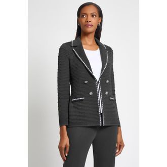 Ming Wang Tailored Fit Contrast Trim Textured Knit Jacket in Granite/black/ivory at Nordstrom, Size Medium