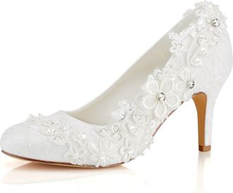 Emily Bridalwear Wedding Shoes Womens Silk Like Satin Stiletto Heel Pumps with Stitching Lace Flower Crystal Pearl (EU36/UK3.5, Ivory)
