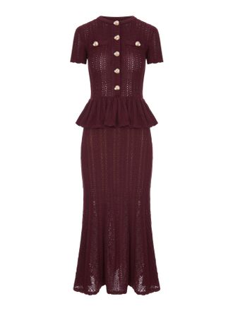 Self Portrait LONG DRESS IN OPENWORK KNIT WITH PEPLUM AND JEWEL BUTTONS - Self-portrait - Woman