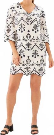 Karen Kane Flare Sleeve Embroidered Dress In Cream With Navy