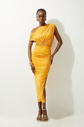 Karen Millen Womens Jersey Crepe Asymmetric Neckline Maxi Dress - Orange - Size X-Small