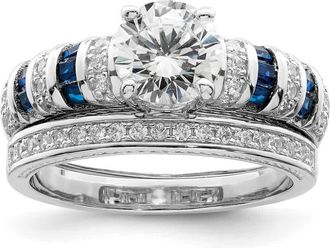 Diamond2Deal Sterling Silver Rhodium-plated Polished Blue & White Cubic Zirconia Band Ring Set