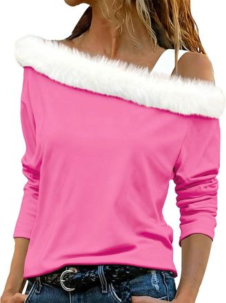Generic Boat Neck Tops for Women UK Christmas Cold Shoulder Tops for Women Xmas Long Sleeve Off the Shoulder Shirts Sexy Santa Fur Trim Pullover Sweater Casua