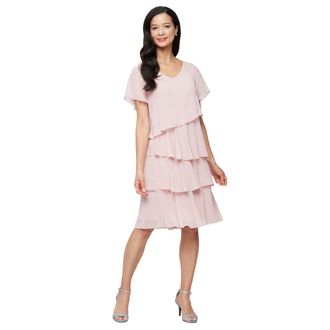 S.L. Fashions Womens V-Neck Chiffon Cocktail Dress with Beaded Shoulders and Asymmetrical Tiers (Petite and Regular Sizes), Faded Rose, 18